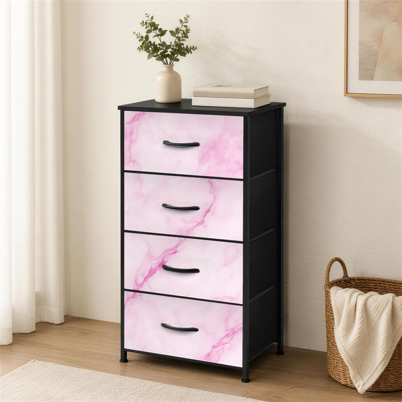 Commode à 4 tiroirs pour chambre à coucher Petite commode à vêtements en marbre rose avec tourbillons doux