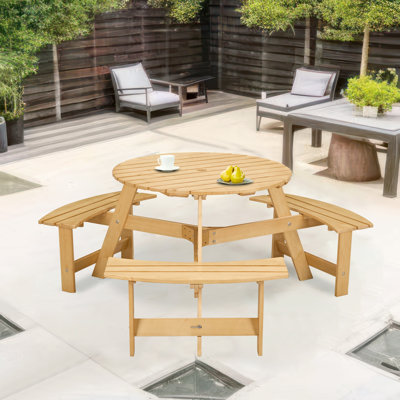 6-Person Circular Outdoor Wooden Picnic Table For Patio, Backyard, Garden, DIY W/ 3 Built-In Benches, 1720Lb Capacity 