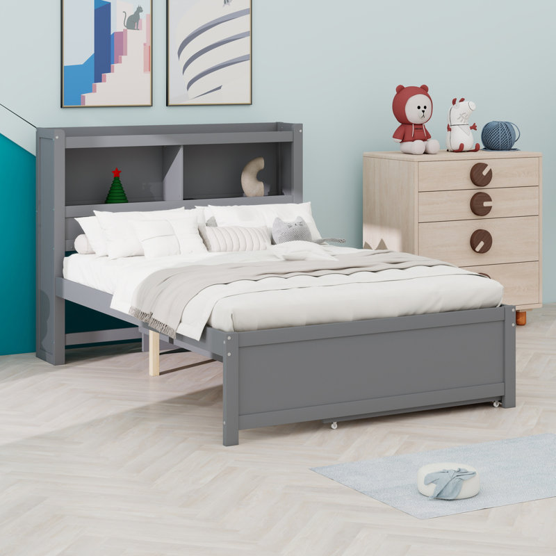 Lit plateforme avec lit gigogne, tiroirs et prises USB, Gris