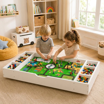 Table d'activités et centre d'activités pour enfants, table d'activités réversible pour enfants 3 en 1 et organisateur de jouets compatible, conception à profil bas pour le rangement sous le canapé / lit