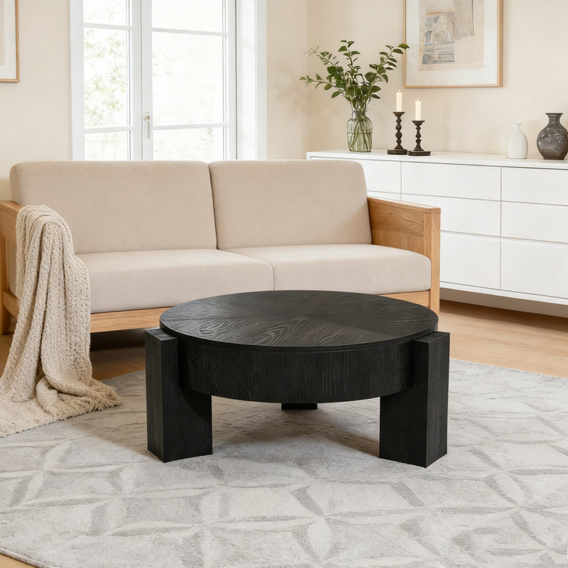 Table basse 33 po moderne avec rangement caché et 3 pieds carrés, Noir