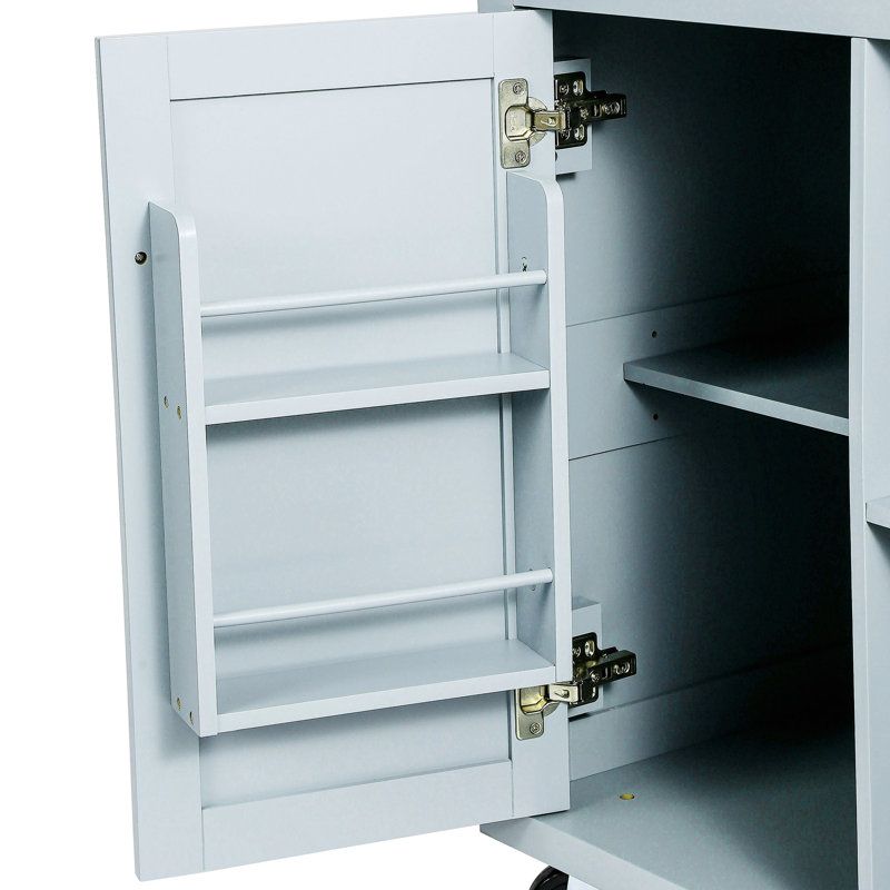 Îlot de cuisine avec rangement interne, 5 roulettes, abattant gris-bleu, 3 tiroirs pour un espace de bureau fonctionnel