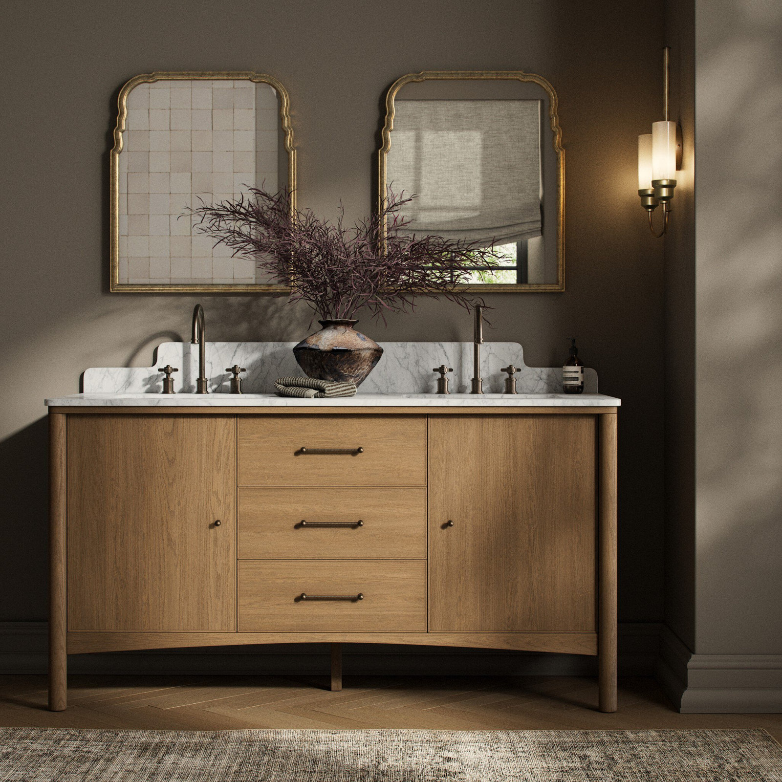 Carrara Marble Double Bathroom Vanity, 60.5"