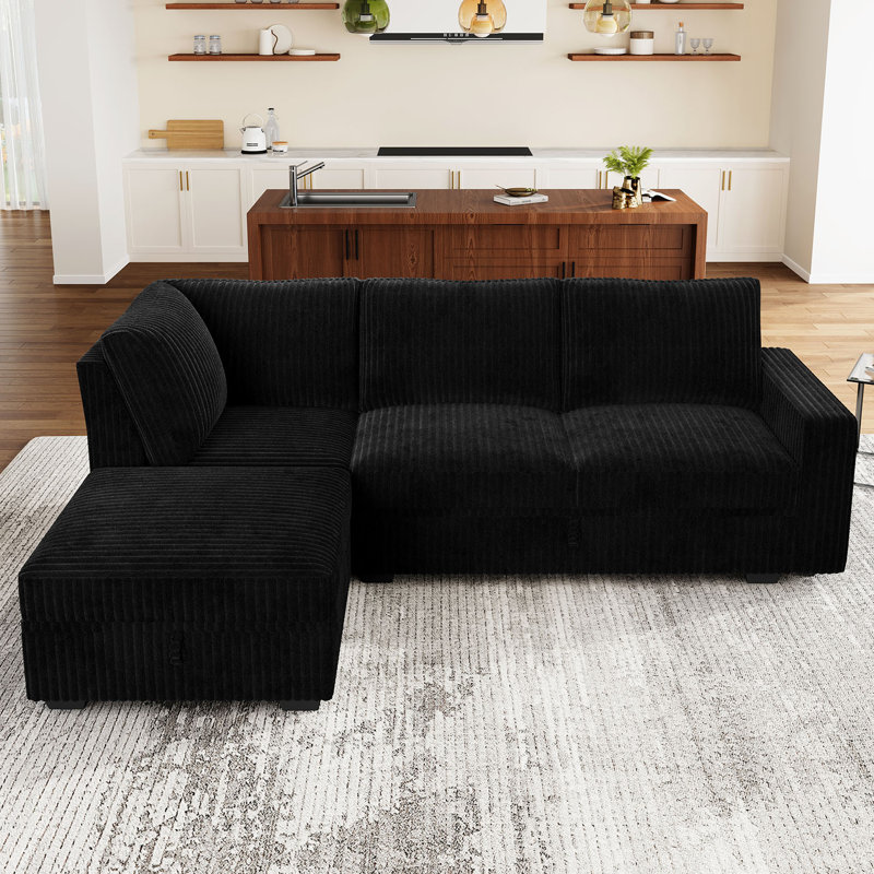 Canapé modulaire brunella modulaire rembourré en velours côtelé Brunella, H 35 po x l 87 po x P 59,8 po, Velours côtelé noir