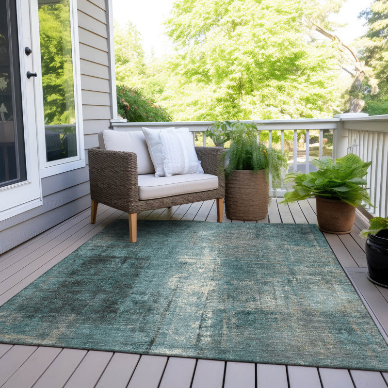 Tapis bleu sarcelle lavable à la machine intérieur / extérieur Xhevrie, Rectangulaire 3 pi x 5 pi