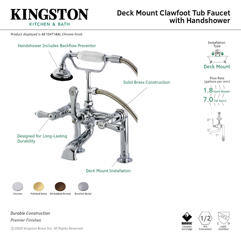 Kingston Brass Heirloom Three-Handle 2-Hole Deck Mount Clawfoot Tub Faucet with Hand Shower, Brushed Nickel