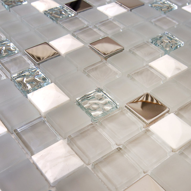 Mini Teseo 1" x 1" Glass and Stone Grid Mosaic Wall & Floor Tile, White/Gray