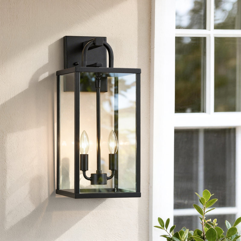 2-light Outdoor Wall Lantern With Clear Glass Shade, Matte Black