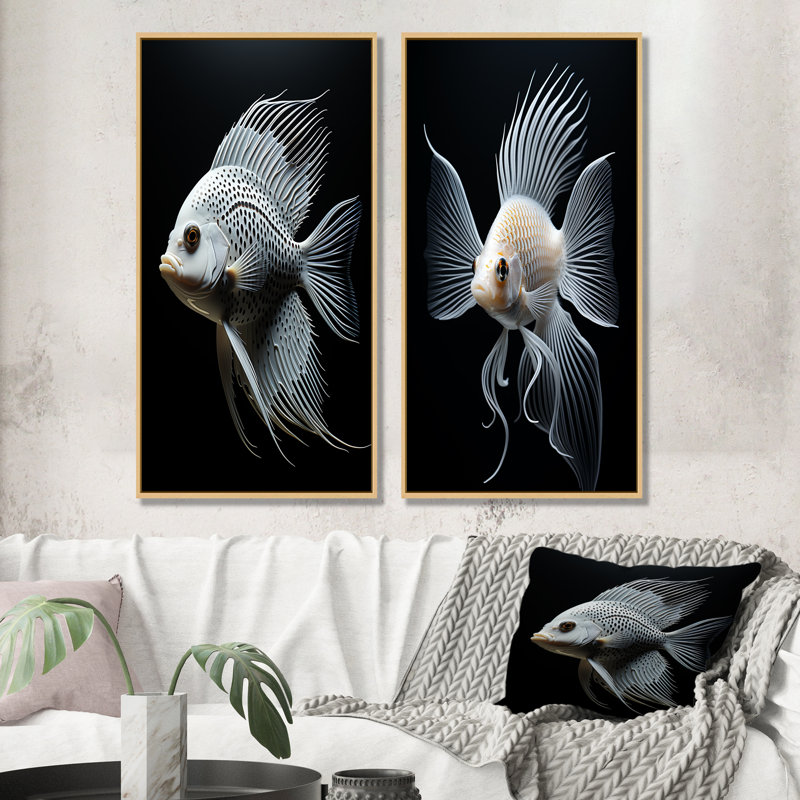 «Oceanic Minimalist» noir et blanc, poisson papillon I - ensemble de 2 impressions sur toile, Encadrement brun