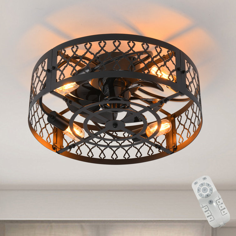 Otylia 18.9'' Black Caged Ceiling Fan with Light Kit and Remote(incomplete missing light )