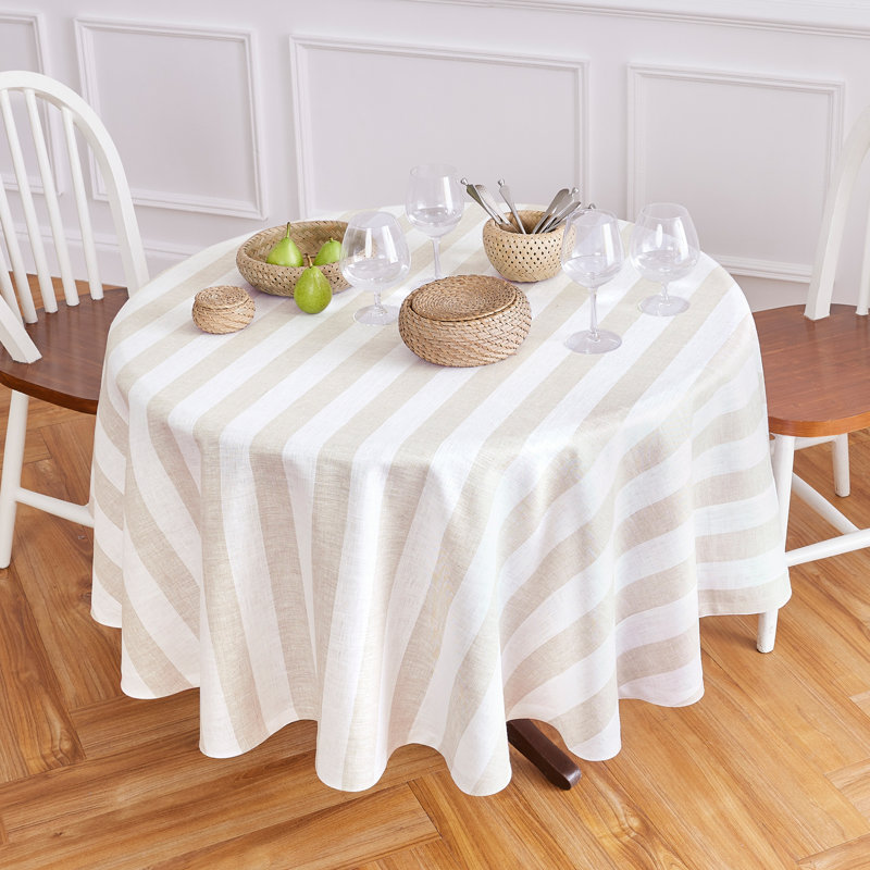Cabana Stripe - 100% Pure Linen Round Tablecloth, 60" Round, Natural and White