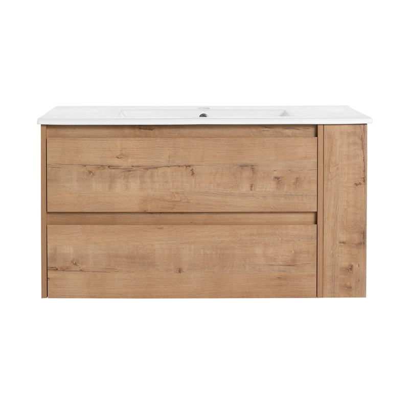 Meuble-lavabo mural 36 po avec lavabo en céramique, Imitation chêne