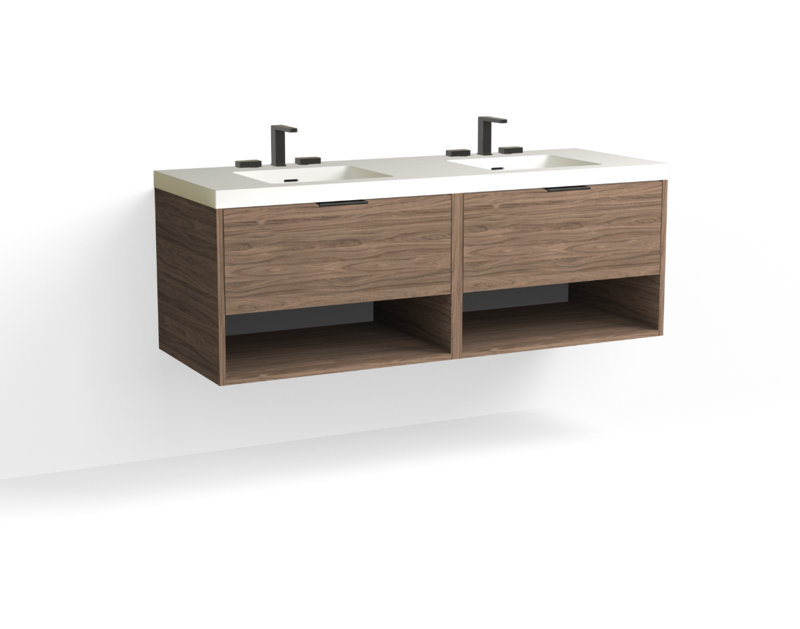 Modo 60" W Wall Mounted Double Bathroom Vanity, Matte White/Single, White Acrylic, Satin Nickel