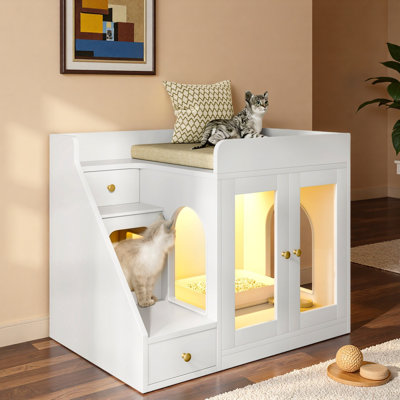 Cat Litter Box Enclosure With Light, 2 Storage Drawers And Cozy Cat House