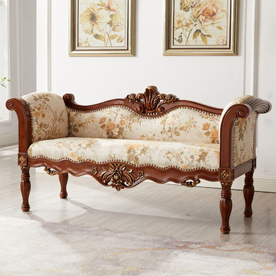 European-style Solid Wood Bedroom Bench Fabric Upholstered Bench