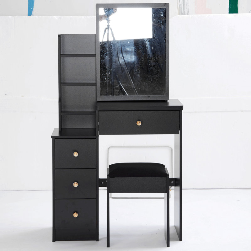 Compact Left-Sided Bedside Vanity Set With Cushioned Stool, Extra-Large Sliding Mirror, Multi-Layer Storage, And High-Capacity Design (EPA, GCC, UL Certified)