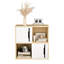 Armoire de rangement moderne en bois avec portes coulissantes, organisateur à 2 niveaux de tablettes ouvertes et fermées, finition en bois naturel pour une utilisation polyvalente à la maison