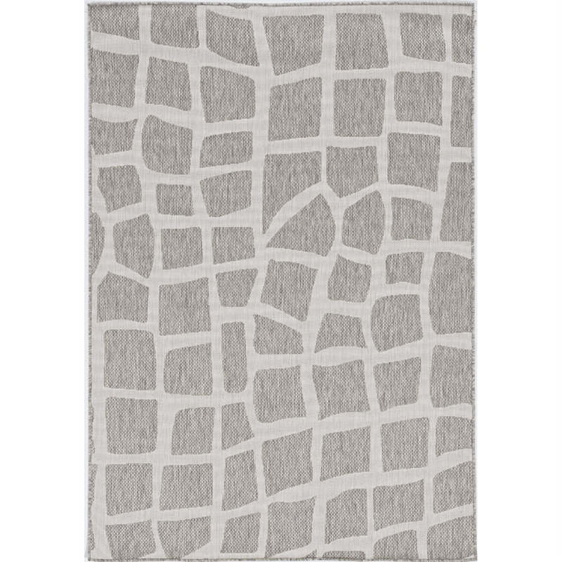 Abstract Indoor / Outdoor Rug, Rectangle 5'3" x 7'7", Ivory/Gray