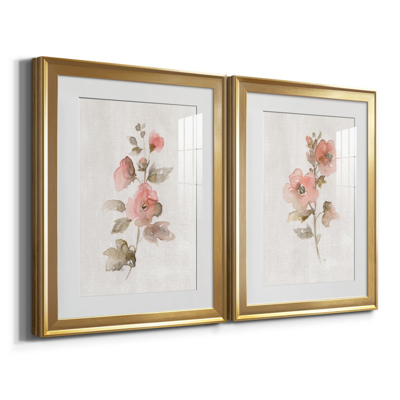 «Blush Sweetly I», ensemble de 2 reproductions d'art, H 18,5 po x l 49 po x P 1,5 po, Papier encadré doré, Blanc