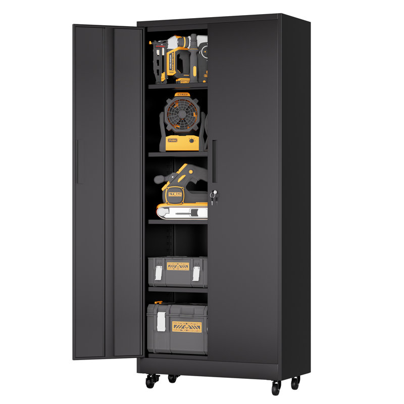 71"H Metal Garage Storage Cabinet With Wheels And Lock, Heavy Duty Rolling Metal Cabinet, 4 Adjustable Shelves (180Lb Each), 3-Point Locking Security, For Tool Organization In Garage, Workshop, Office