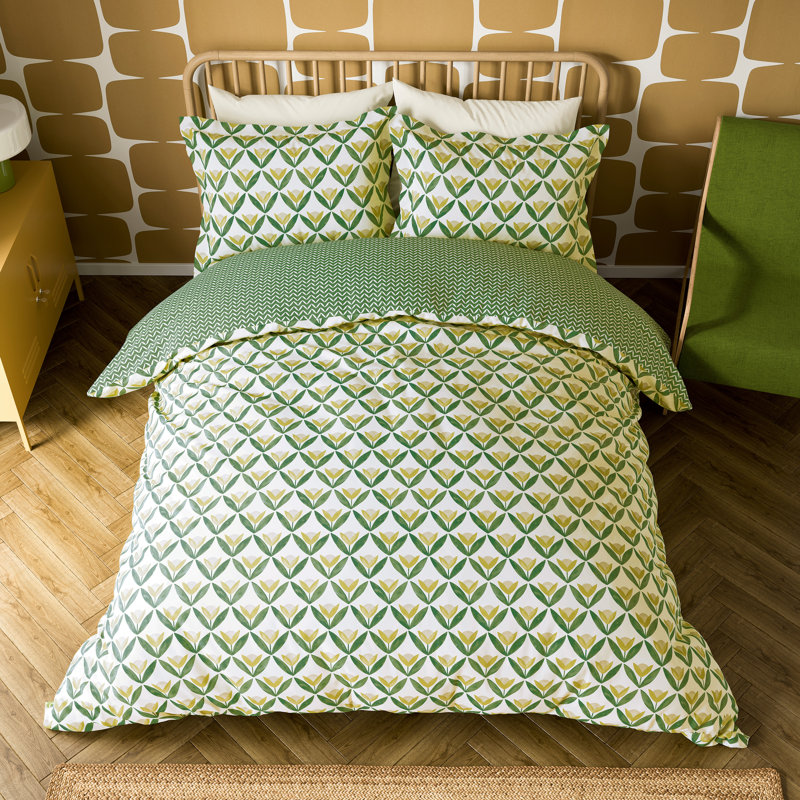 Tulip Trellis Cotton Floral Duvet Cover Set with Pillowcases, Kingsize Duvet Cover  + 2 Pillowcases