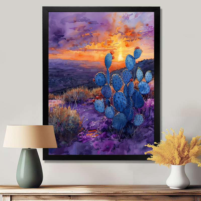 Cactus vert, désert, coucher de soleil I - art mural floral cactus, Toile encadrée noire simple, H 20 po x l 12 po x P 1 po