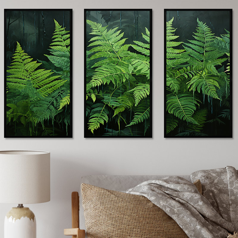 Emerald Green Ferns Forest I - Plants, ensemble d'art sur toile, Cadre flottant noir, H 40 po x l 60 po x P 1 po