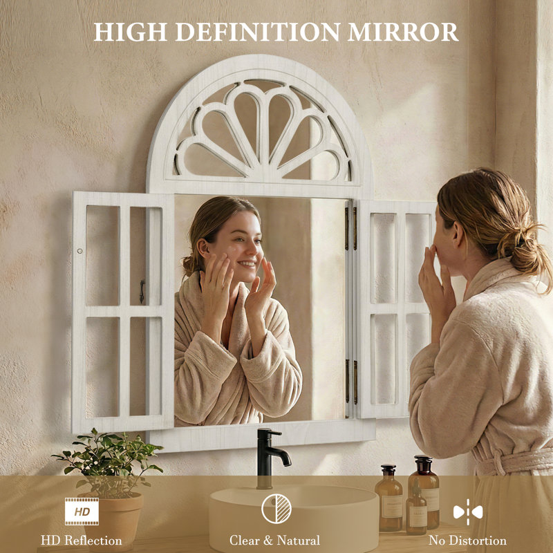 Arched Wooden Framed Wall Mirror With Opening Doors, Vintage Decorative Window Style Mirror, White, 36" x 24", Flower Top