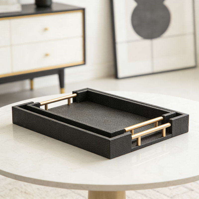 2-Piece Woven Leather Ottoman Tray Set With Gold Handles, Rectangular Decorative Serving Tray For Coffee Table, Living Room, And Home Decor
