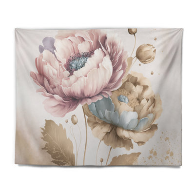 Pink And Gold Poppy Flowers II Polyester Tapestry