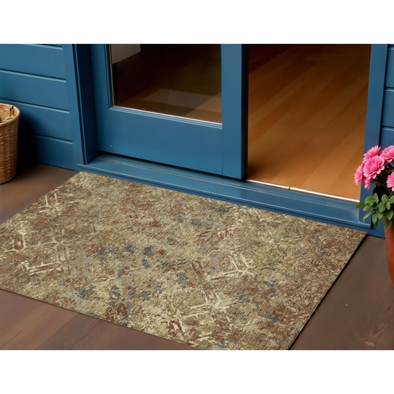 3' X 5' Brown Copper And Gold Geometric Washable Indoor Outdoor Area Rug
