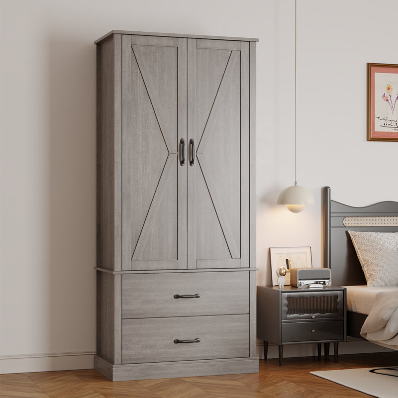Garde-manger autoportant Farmhouse avec portes de grange - Tablettes réglables et grands tiroirs - Armoire de rangement polyvalente pour la salle à manger ou le salon - Gris pastoral