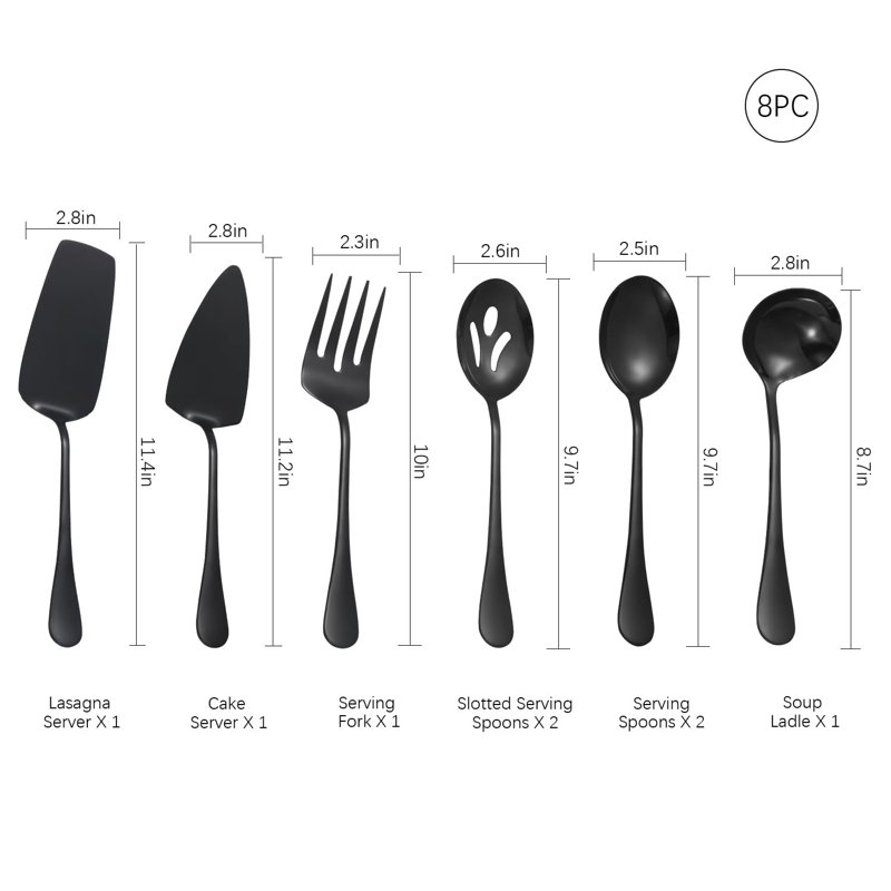 8-Piece Stainless Steel Serving Utensil Set, Dishwasher Safe Tableware For Travel & Hosting, Black