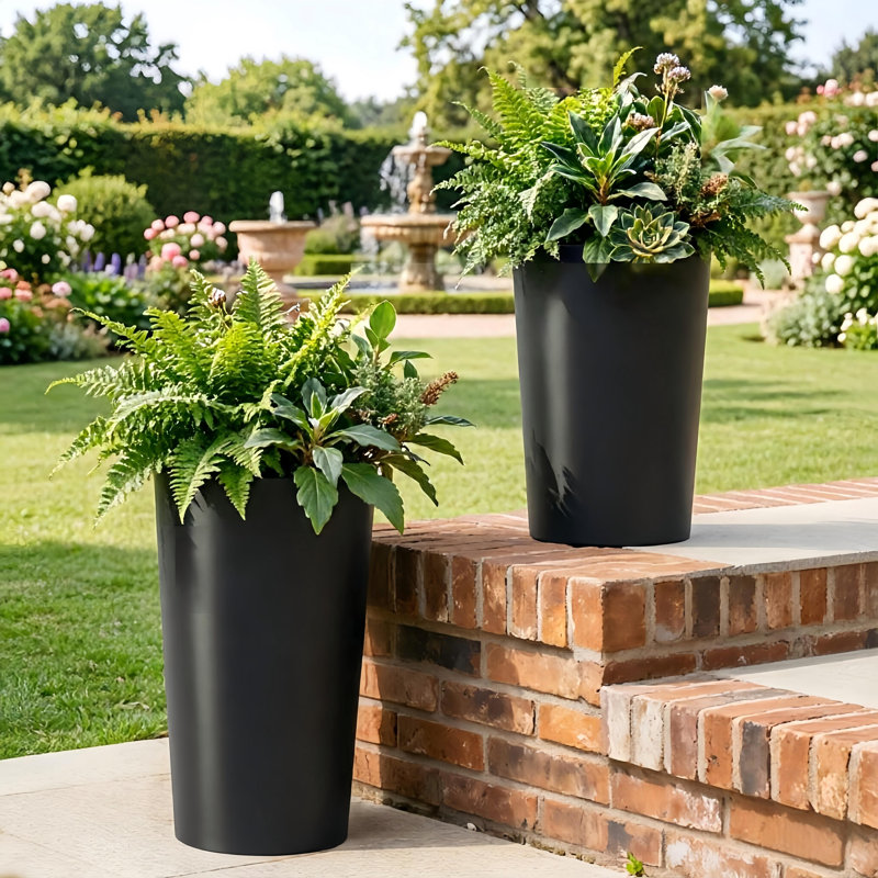 22 In. H X 13 In. W Polypropylene Round Planter Set With Smooth Matte Finish  (2-Pack), Black