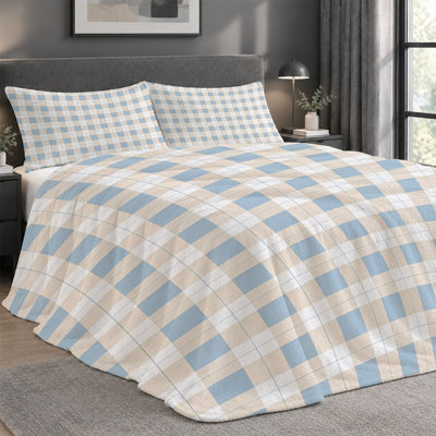 Ensemble de couverture légère en flanelle de qualité supérieure et 2 taies décoratives avec grille à damier bleue et beige, ensemble de literie confortable ultra-douce et chaude pour toute saison, couverture de 60 po x 80 po + 2 taies d'oreiller anti-boulochage et lavable à la machine (ensemble de 3)