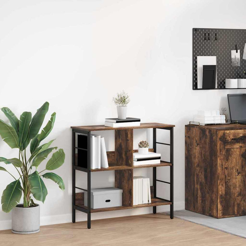 82cm W Steel Etagere Bookcase, (2 Shelves) 79cm. H x 82cm. W x 32cm. D, Smoked Oak