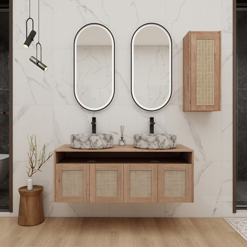 Meuble-lavabo 48 po avec lavabo d'art 2 en céramique et armoire latérale, 4 portes à fermeture douce, montage flottant, contreplaqué (emballage KD)