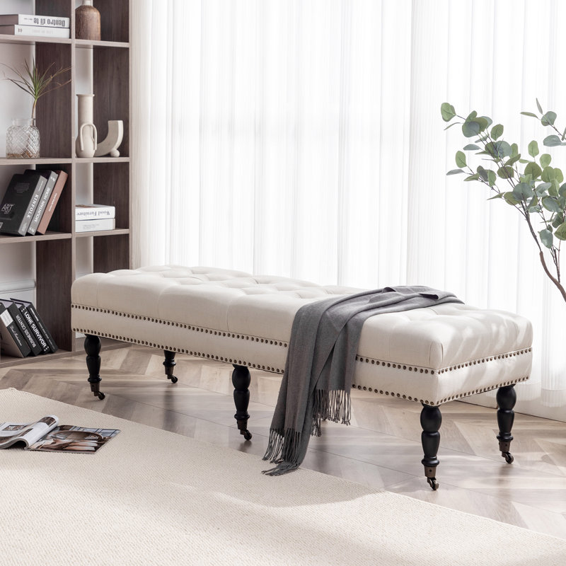 Casablanca Fabric Upholstered Bench with Wheels, Beige