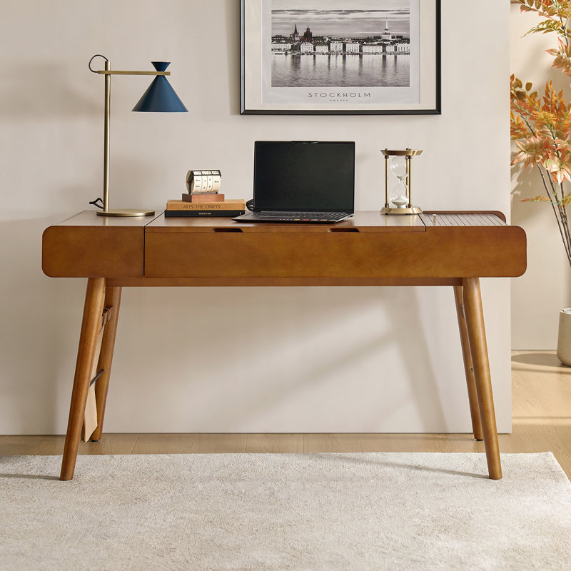 Virma 60.25" W Mid-Century Lift-Top Writing Desk with Built-In Outlets , Acorn