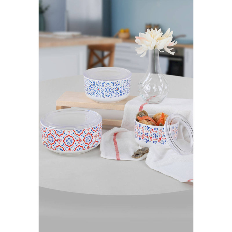 Ensemble de boîte de rangement en céramique de qualité supérieure (6 pièces), antibactérien et écologique, comprend 3 couvercles en plastique | Tailles: 4,7 po (535 ml), 5,5 po (750 ml), 6,3 x 6,3 x 3,0 po (1200 ml) | Design élégant rouge, blanc et bleu, lavable au lave-vaisselle