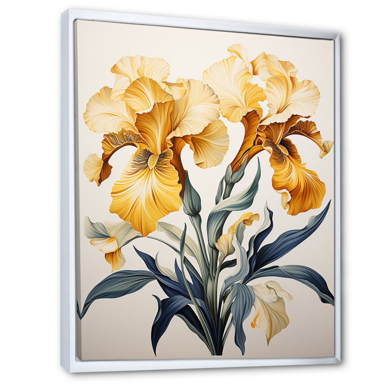 Illustration rétro d'iris dorés sur toile, H 32 po x l 16 po x P 1 po, Cadre flottant blanc
