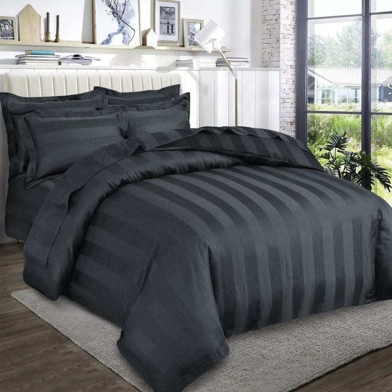 Renze Microfiber 250 TC Reversible Stripe Duvet Cover Set with Pillowcases, Charcoal