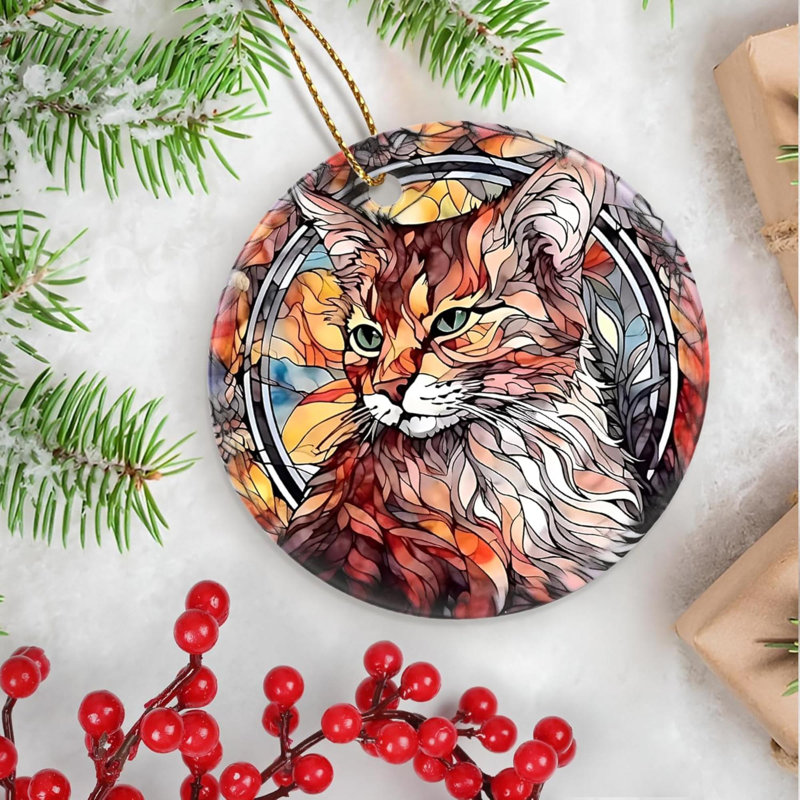 Ornement de chat, décoration de Noël, décoration de Noël, idée de cadeau de fête, souvenir d'héritage, céramique ronde, échange de cadeaux, cadeau de babiole, idée de cadeau, chat