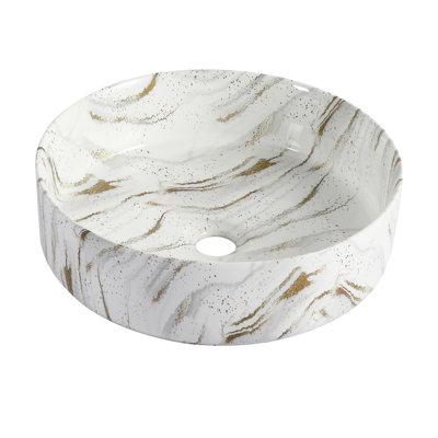 Lavabo de salle de bain rond rond en céramique pour salle de bain, glacier de haute qualité, bien conçu, comptoir de salle de bain de 15,9 pouces de largeur, 18,9 lb, avec design blanc et or, trois couches faciles à entretenir,