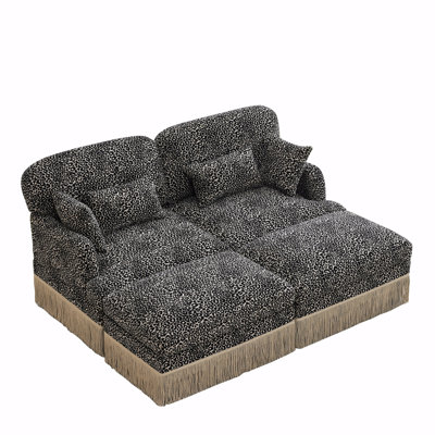 Comfy Chenille Leopard Printing Loveseat Sofa,Delicate Tassel Edge,Movable Ottomans,Modern Fashion Style,Ergonomic Back And Seat Design, Easy Assembly,Deep Seat Couch For Living Room,Khaki Black