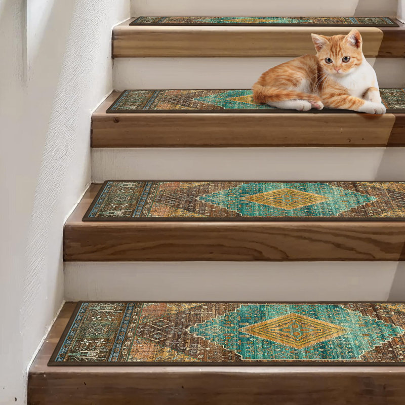 Non-Slip Stair Treads Residue-Free Carpet Mat, Amber/Cyan, 4 Pieces Included