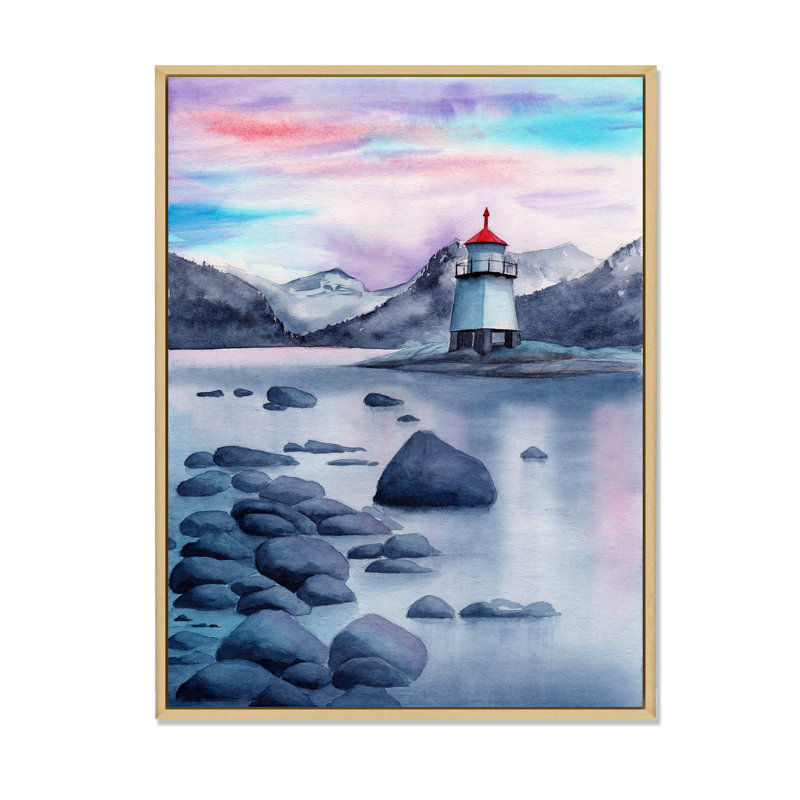 Paysage de soirée avec un phare - Peinture sur toile, H 40 po x l 30 po x P 1,5 po, Cadre flottant en érable