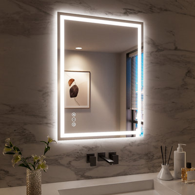 Miroir de salle de bain 24x32 pouces à DEL intelligent avec éclairage à intensité variable de 10% à 100%, température de couleur sélectionnable de 3000K, 4500K, 6000K, bouton de brouillard intégré, arrêt automatique après 1 heure, commande de l'interrupteur mural,