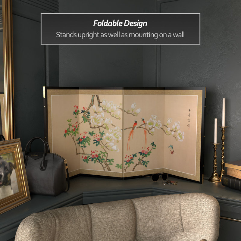 24" Love Birds 4 Panel Room Divider, 24" H x 48" W x 0.63" D