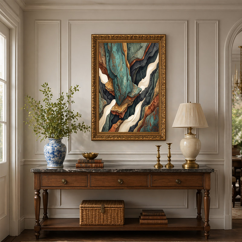 Art mural sur toile bleu sarcelle et rouille, H 32 po x l 48 po